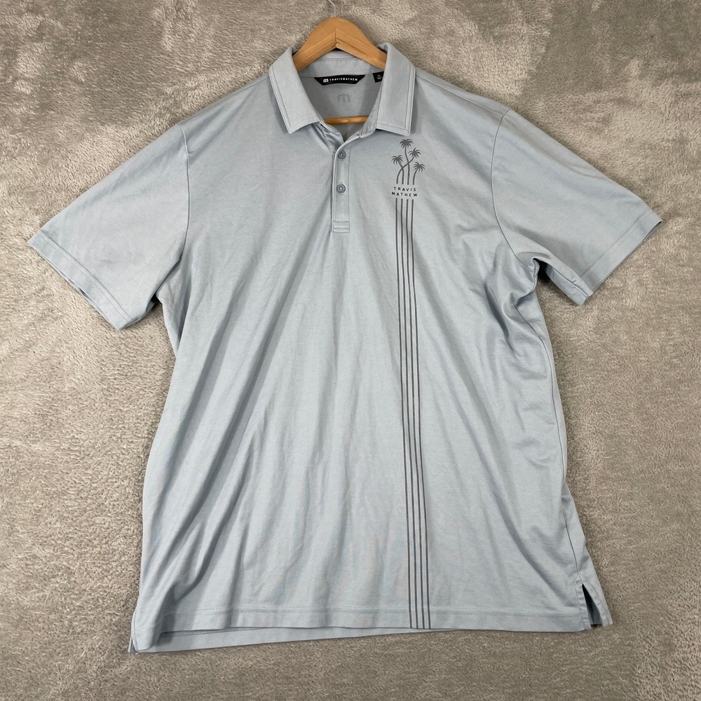 TravisMathew Polo Mens 2XL Light Blue Palm Tree Graphic‎ Golf Shirt